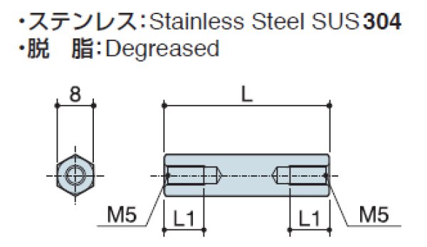 画像2: Fタイプ 六角 ステンレス  両メネジ M5 標準型 (SUS304) (2)
