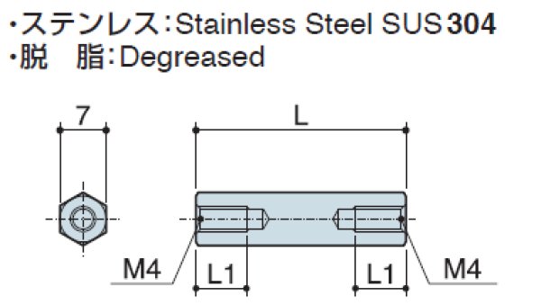 画像2: Fタイプ 六角 ステンレス  両メネジ M4 標準型 (SUS 304) (2)