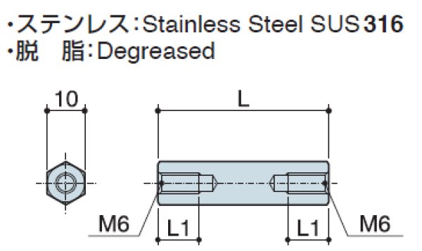 画像2: Fタイプ 六角 ステンレス  両メネジ M6 標準型 (SUS316) (2)
