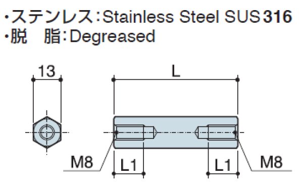 画像2: Fタイプ 六角 ステンレス  両メネジ M8 標準型 (SUS316) (2)