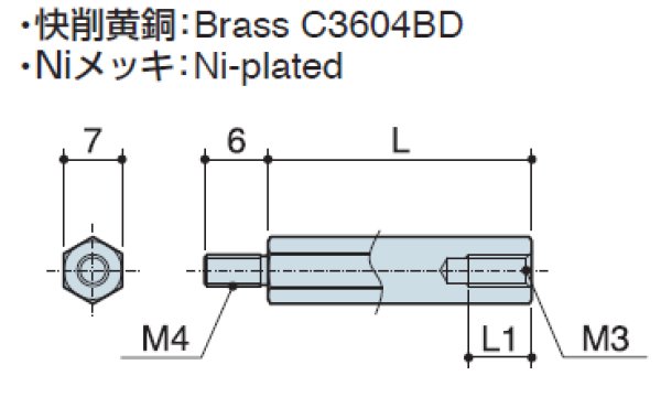 画像2: MDタイプ 六角 黄銅 オネジM4/メネジM3 ねじ異径 (2)