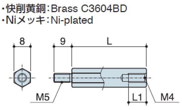 画像2: MDタイプ 六角 黄銅 オネジM5 /メネジM4 ねじ異径 (2)