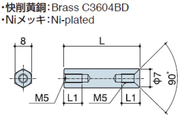 画像2: Fタイプ 六角 黄銅 両メネジ M5 皿ねじ用 (2)