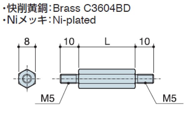 画像2: MMタイプ 六角 黄銅 両オネジ M5 標準型 (2)