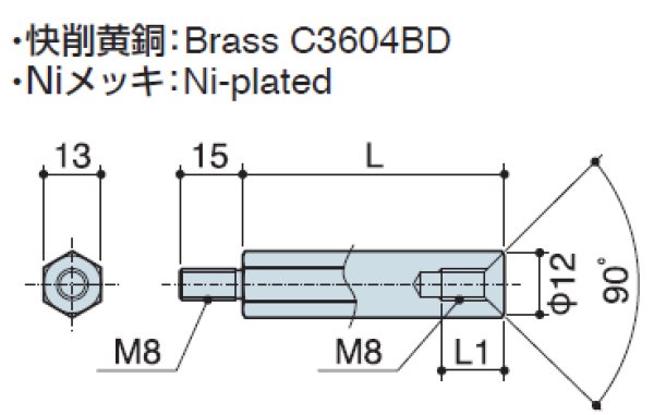 画像2: MFタイプ 六角 黄銅 オネジ/メネジ M8 皿ねじ用 (2)