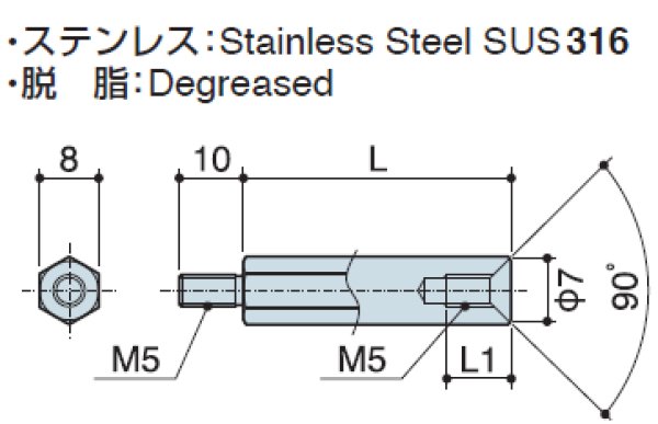 画像2: MFタイプ 六角  ステンレス オネジ/メネジ M5皿ねじ用 (SUS316) (2)