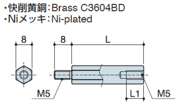 画像2: MSタイプ 六角 黄銅  オネジ/メネジ M5 短間隔取付(オネジ8mm) (2)