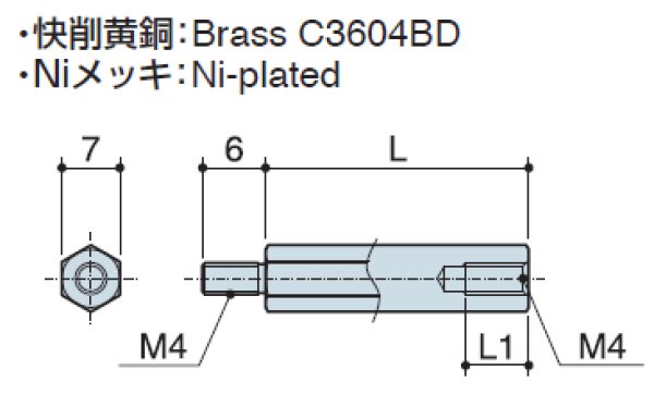 画像2: MSタイプ 六角 黄銅  オネジ/メネジ M4 短間隔取付(オネジ6mm) (2)