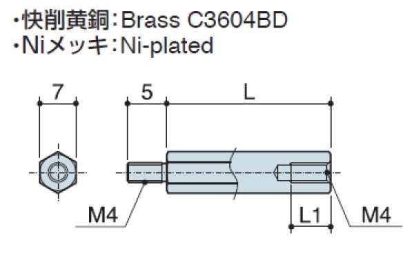 画像2: MSタイプ 六角 黄銅  オネジ/メネジ M4 短間隔取付(オネジ5mm) (2)