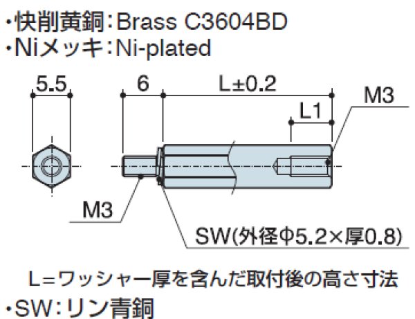 画像2: M1Wタイプ 六角  黄銅 オネジ/メネジ M3 SW(ワッシャー)付 (2)