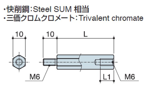 画像2: MSタイプ 六角　スチール　 オネジ/メネジ M6 短間隔取付(オネジ10mm) (2)