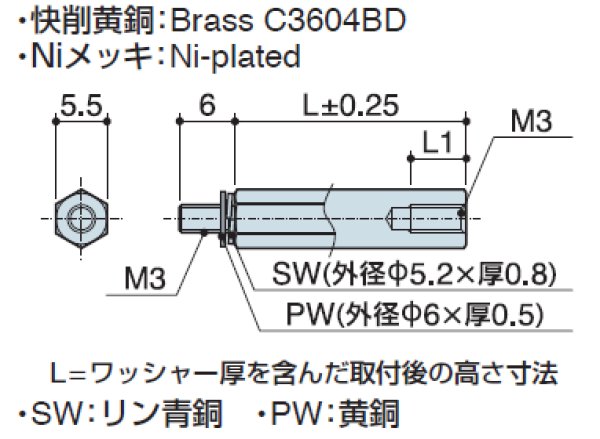 画像2: M2Wタイプ 六角 黄銅 オネジ/メネジ M3 SW,PW(ワッシャー)付 (2)
