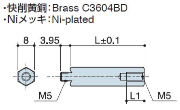 画像2: MTタイプ 六角 黄銅  オネジ/メネジ M5 薄板取付用 (2)