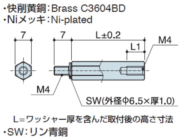 画像2: M1Wタイプ 六角  黄銅 オネジ/メネジ M4 SW(ワッシャー)付 (2)