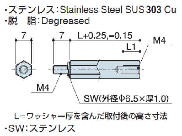 画像2: M1Wタイプ 六角  ステンレス オネジ/メネジ M4 SW(ワッシャー)付 (2)
