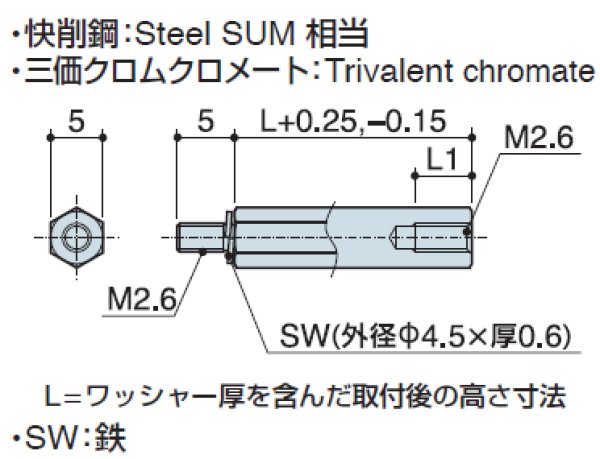 画像2: M1Wタイプ 六角 　スチール　オネジ/メネジ M2.6 SW(ワッシャー)付 (2)