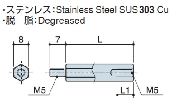 画像2: MSタイプ 六角 ステンレス  オネジ/メネジ M5 短間隔取付(オネジ7mm) (2)
