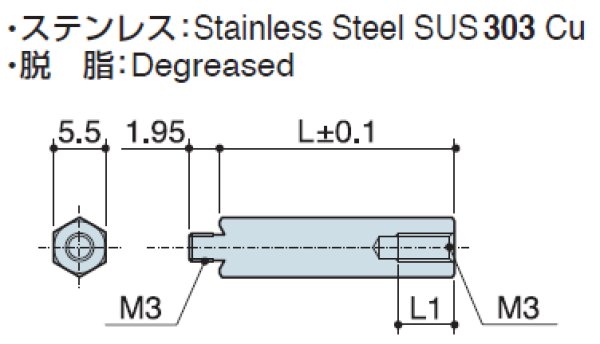 画像2: MTタイプ 六角 ステンレス  オネジ/メネジ M3 薄板取付用 (2)
