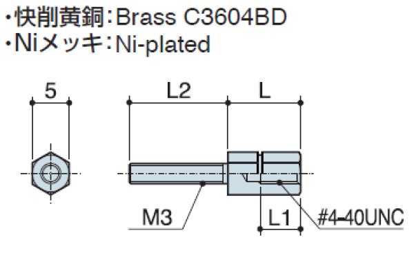 画像2: Dタイプ 六角  黄銅 D-sub取付用 オネジM3 / メネジ#4-40 UNC ねじ異径(ミゾ付) (2)