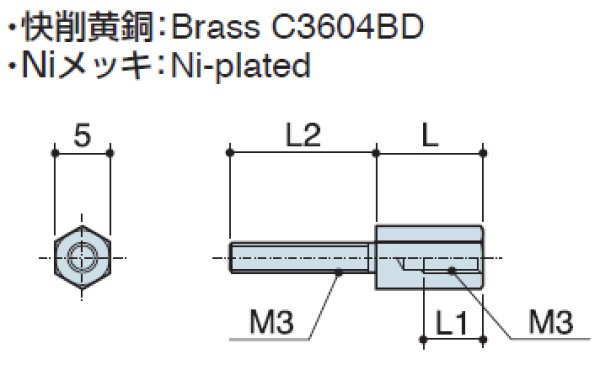 画像2: Dタイプ 六角  黄銅 M3 D-sub取付用(ミゾ無) (2)