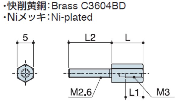 画像2: Dタイプ 六角 　黄銅　D-sub取付用 M2.6/M3 ねじ異径 (2)