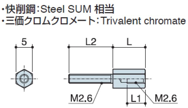 画像2: Dタイプ 六角  スチール M2.6 D-sub取付用(ミゾ無) (2)