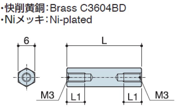 画像2: FHタイプ 六角  黄銅 両メネジ M3 平径6 (2)