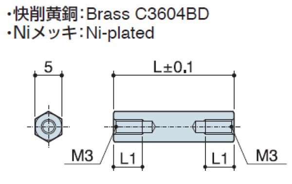 画像2: FHタイプ 六角  黄銅 両メネジ M3 平径5 (2)
