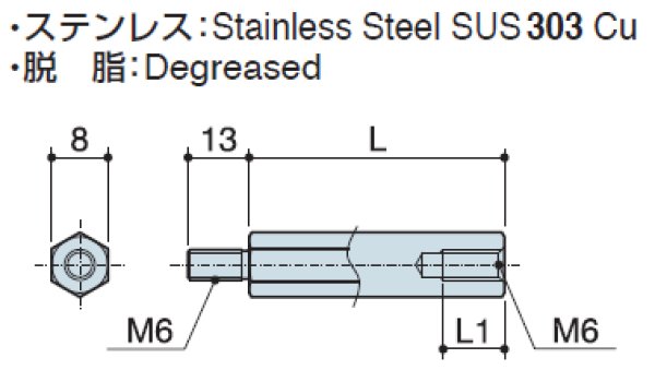 画像2: MHタイプ 六角 　ステンレス　オネジ/メネジ M6 平径8 (2)