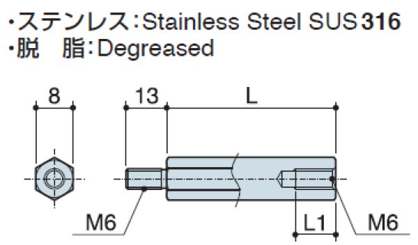 画像2: MHタイプ 六角  ステンレス オネジ/メネジ M6 平径8 (SUS316) (2)