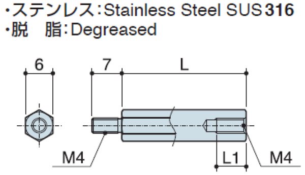 画像2: MHタイプ 六角  ステンレス オネジ/メネジ M4 平径6 (SUS316) (2)