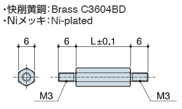 画像2: MMHタイプ 六角  黄銅 両オネジ M3 平径6mm (2)