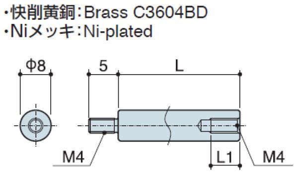 画像2: RMSタイプ 丸型  黄銅 オネジ/メネジ M4 短間隔取付(オネジ5mm) (2)