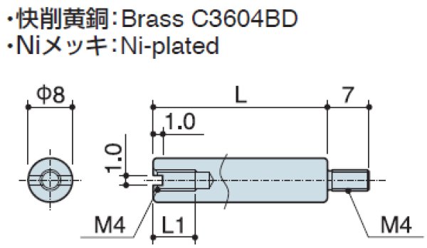 画像2: RM-Sタイプ 丸型 　黄銅　オネジ/メネジ M4 スリット付(ドライバー用) (2)